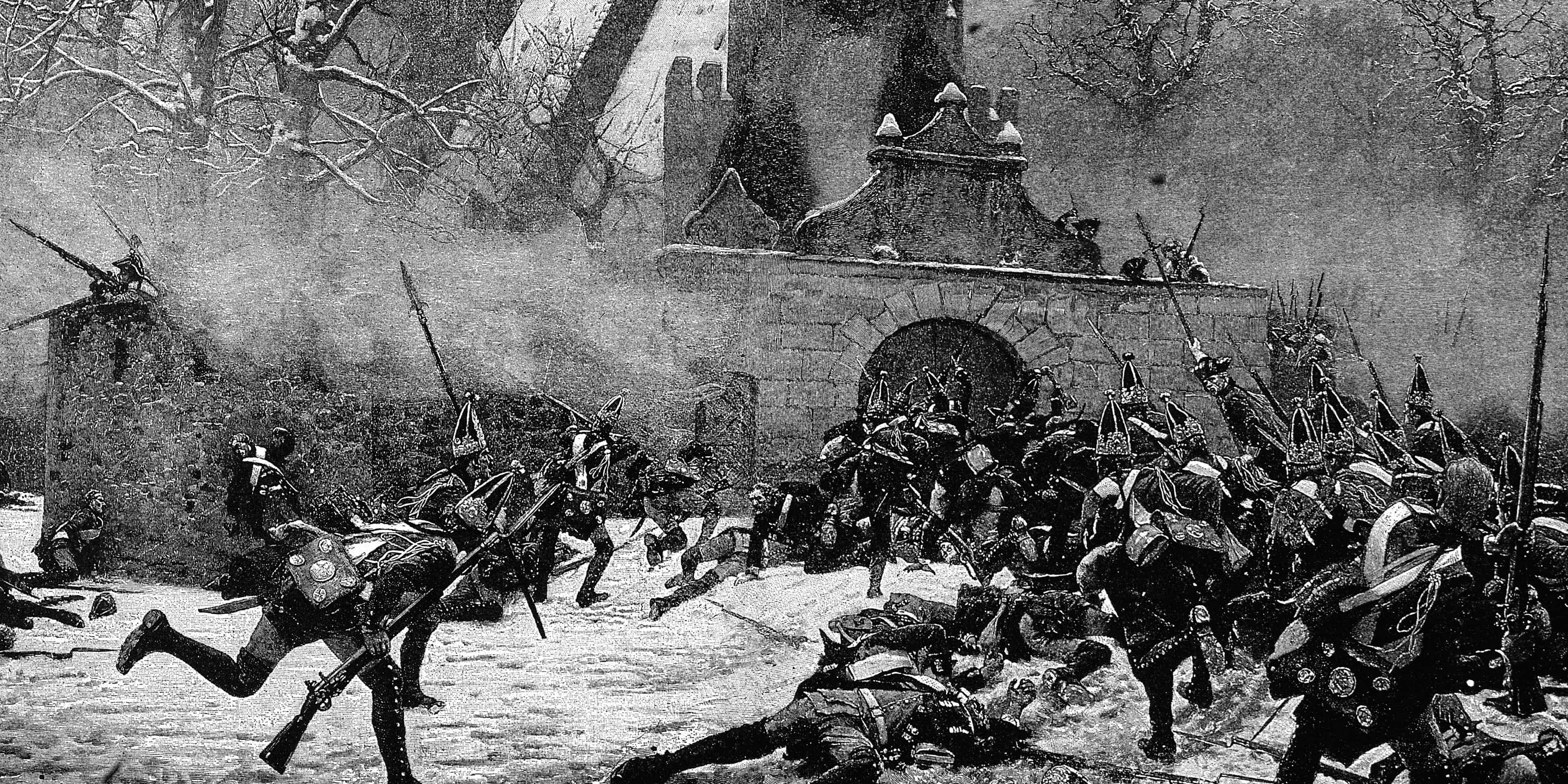 Engraving depicting the Prussian assault on the old stone church at Leuthen in Silesia, during the Seven Years War, December 5, 1757. (Kean Collection/Getty Images)