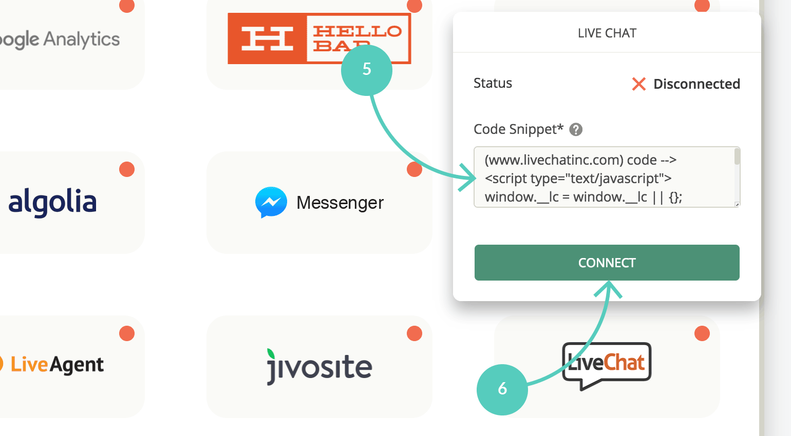 Ucraft integration with LiveChat: Paste LiveChat installation code