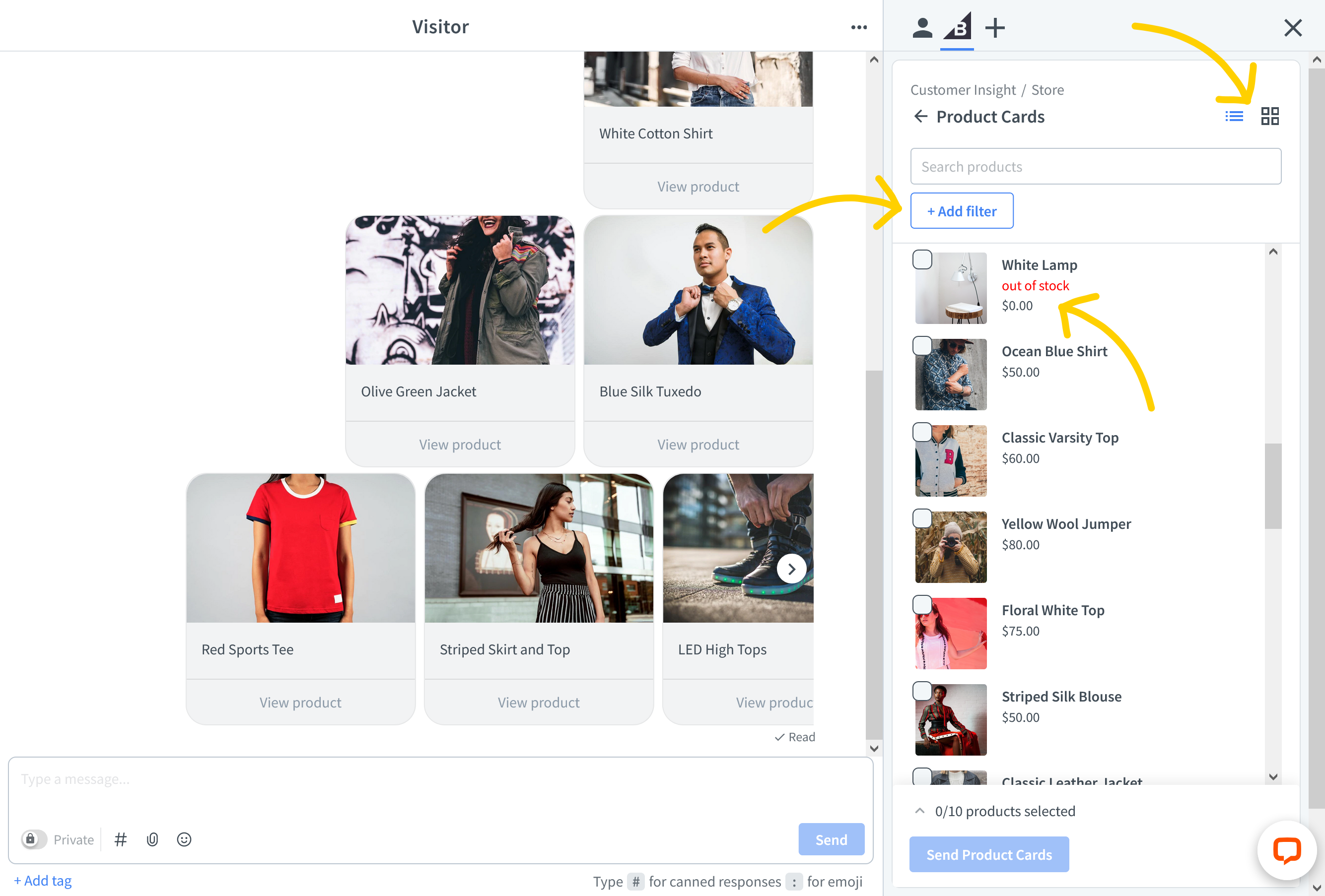 Product Cards view in the LiveChat Agent app 
