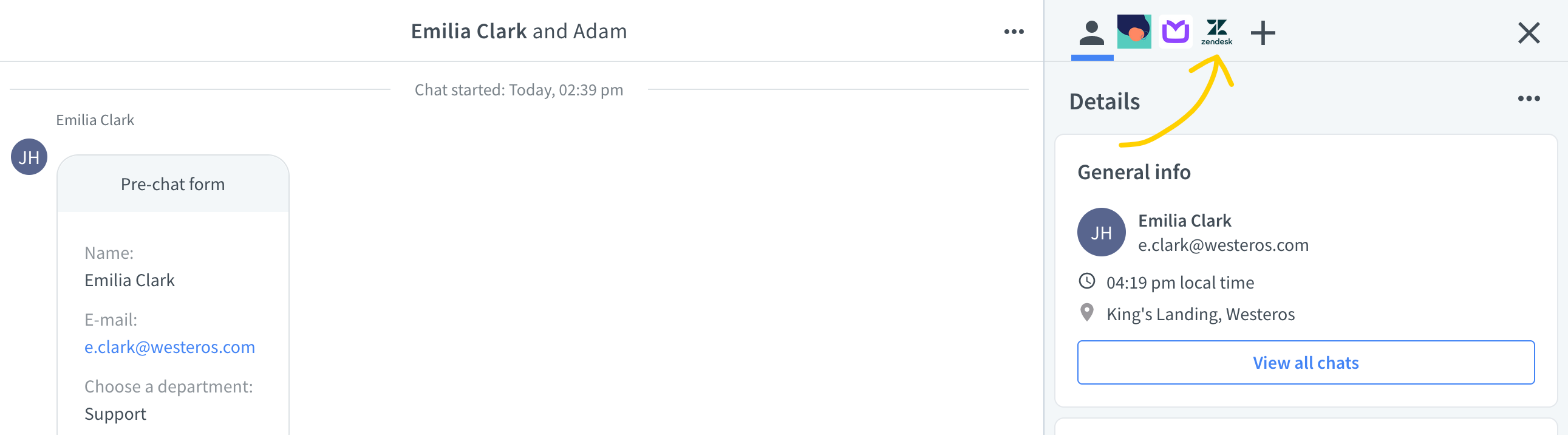 Zendesk LiveChat: Click on a Zendesk icon to continue the configuration