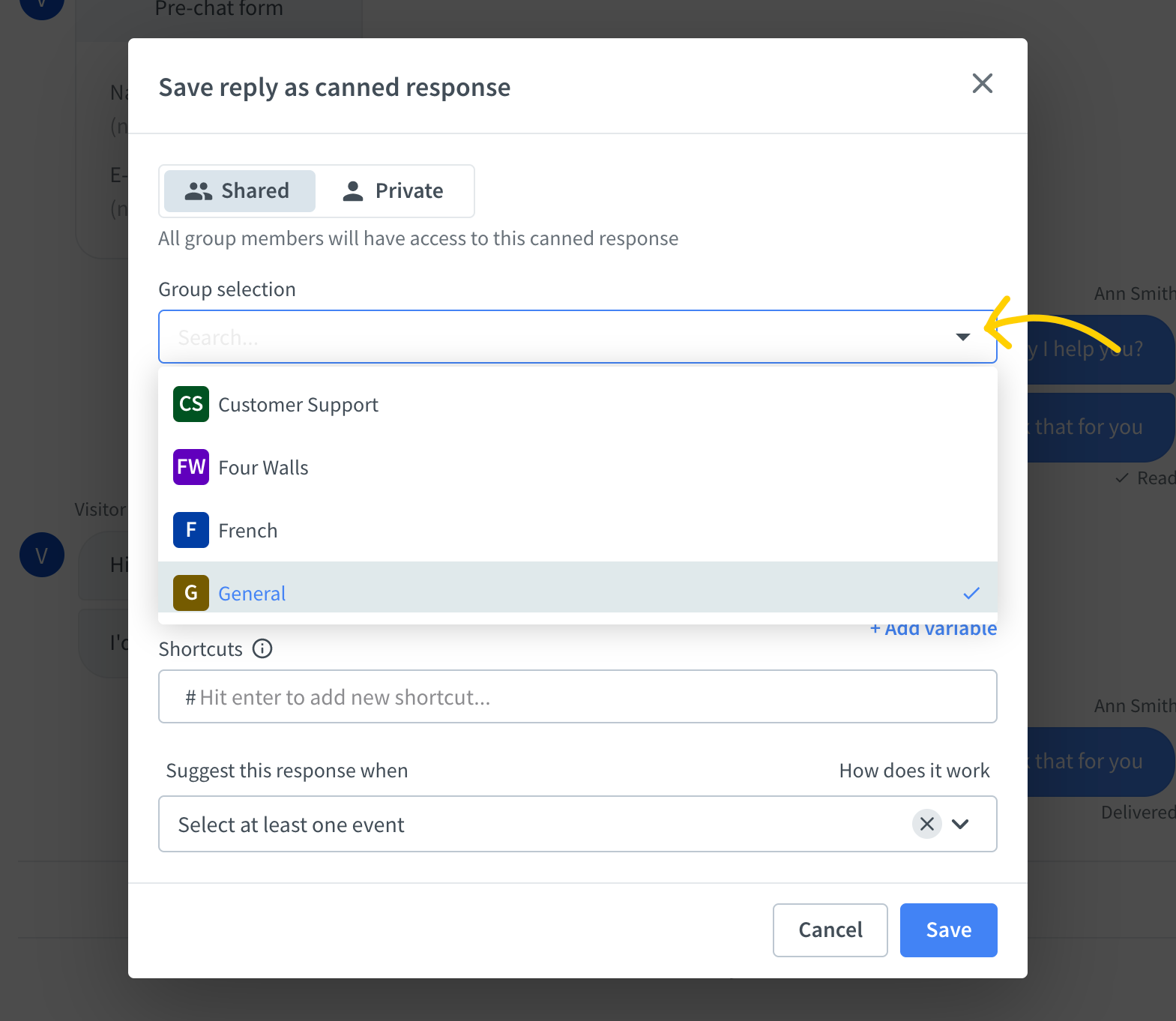 Canned response creator modal with the group selector opened.