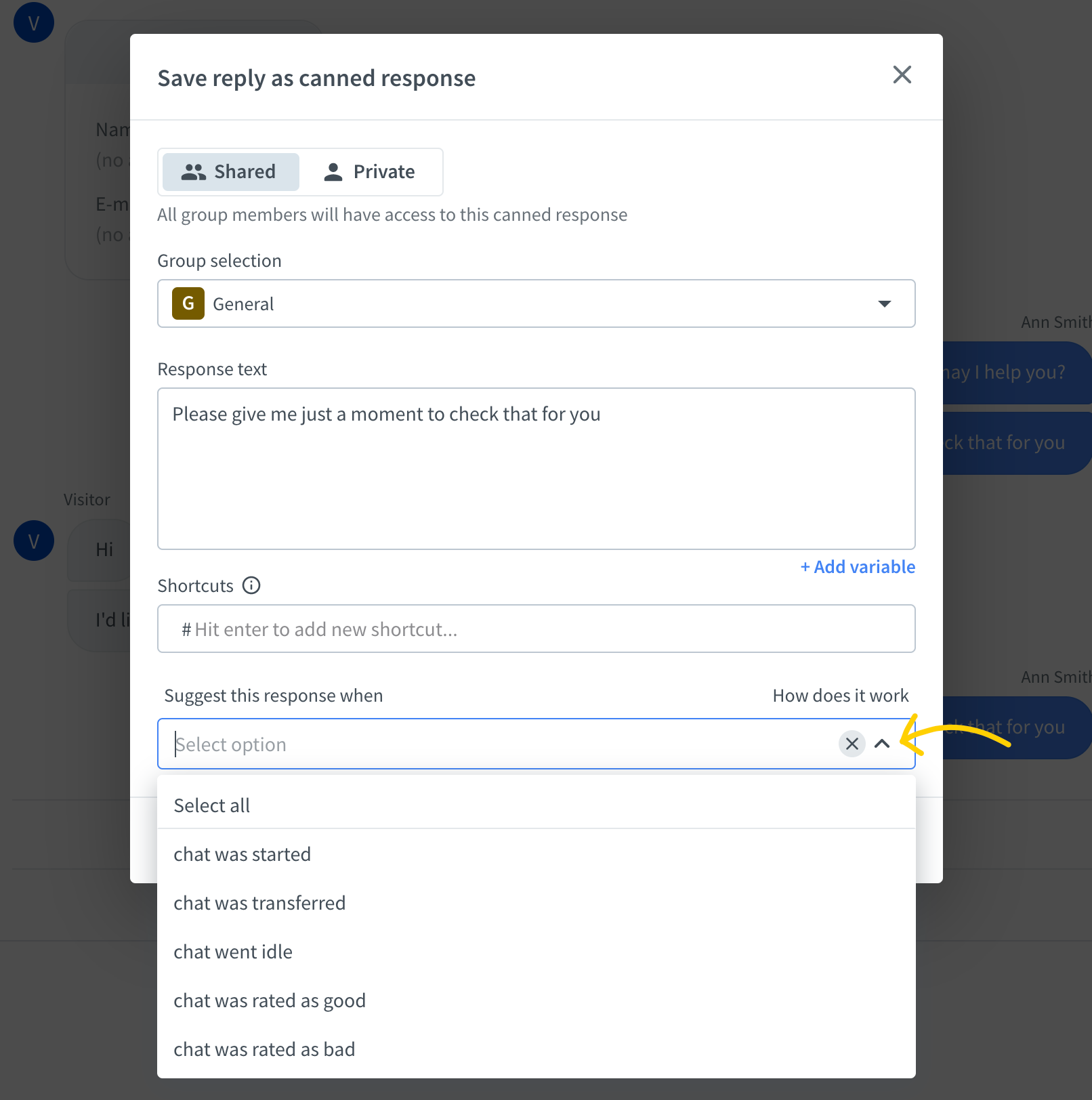 Canned response creator modal with the event selector opened. 