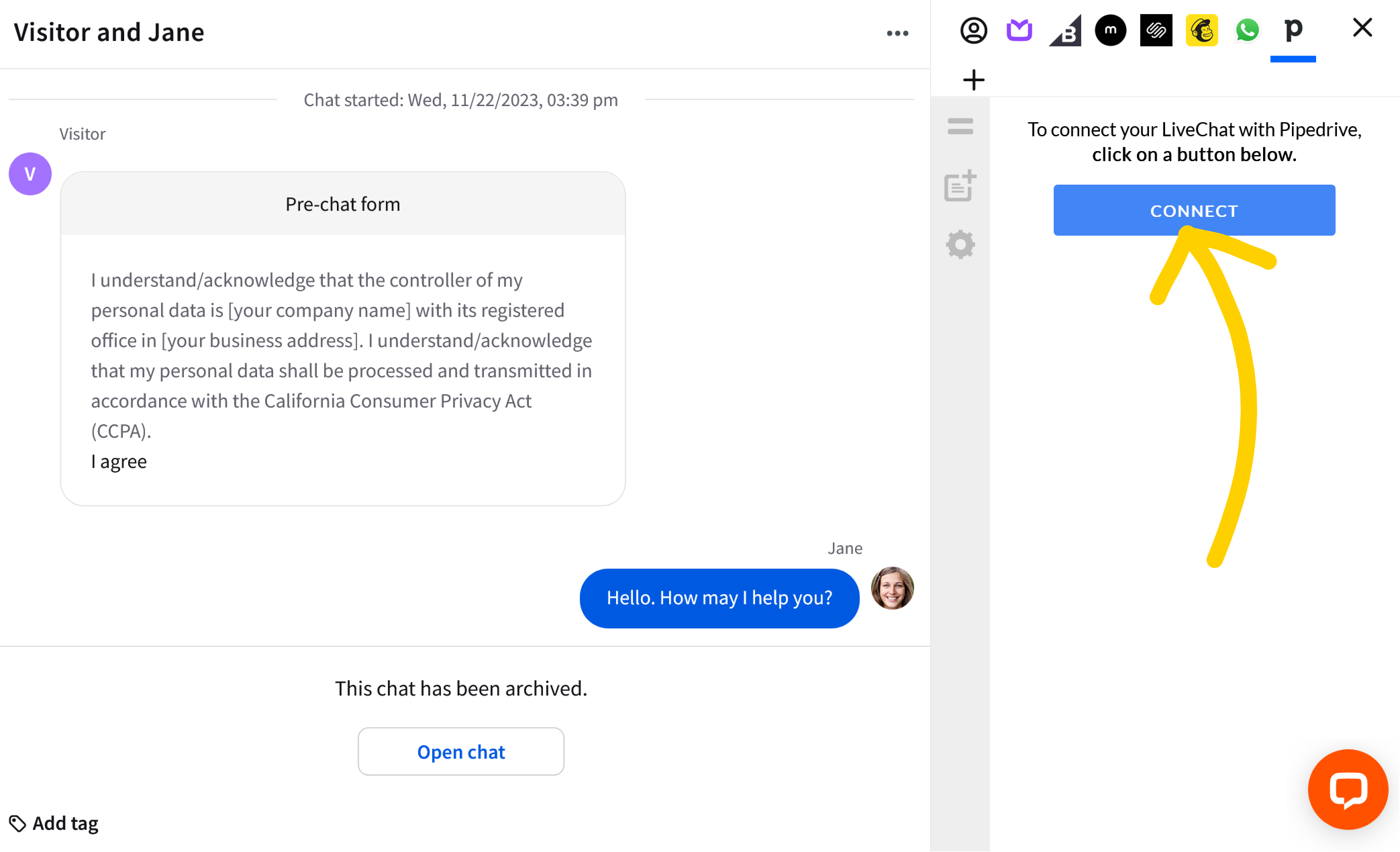 Click on Connect to link your Pipedrive with LiveChat