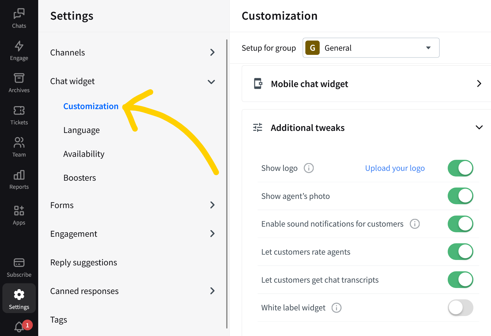 LiveChat HIPAA compliant: go to the chat widget settings