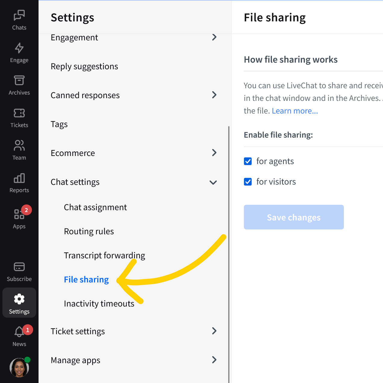LiveChat HIPAA compliant: go to File sharing available under Chat settings