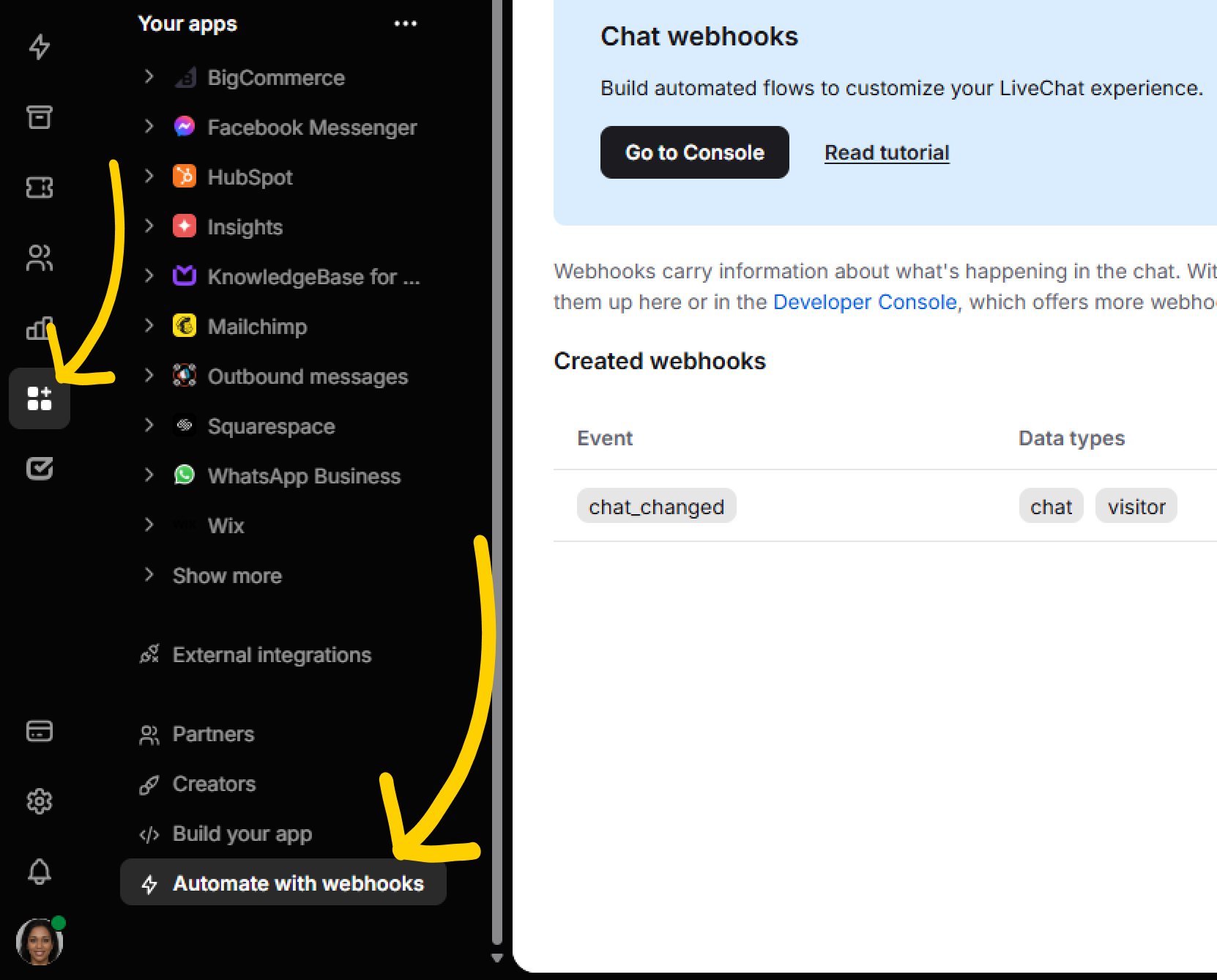 LiveChat HIPAA compliant: go to Webhooks section of your Integrations settings