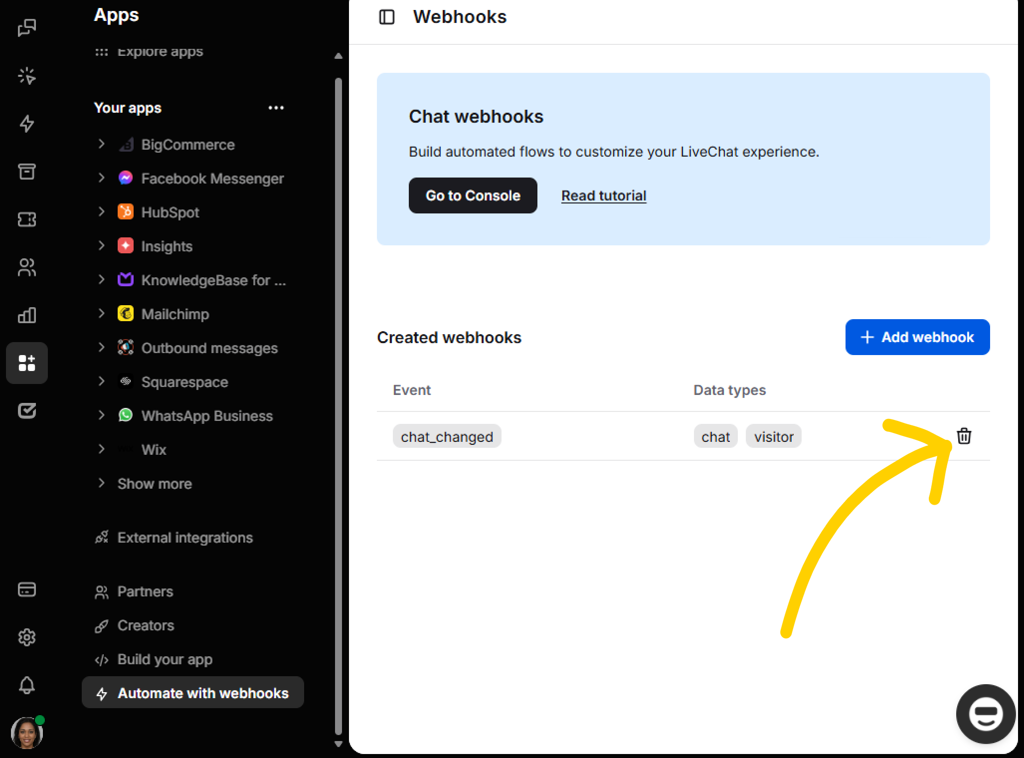 LiveChat HIPAA compliant: delete your webhook
