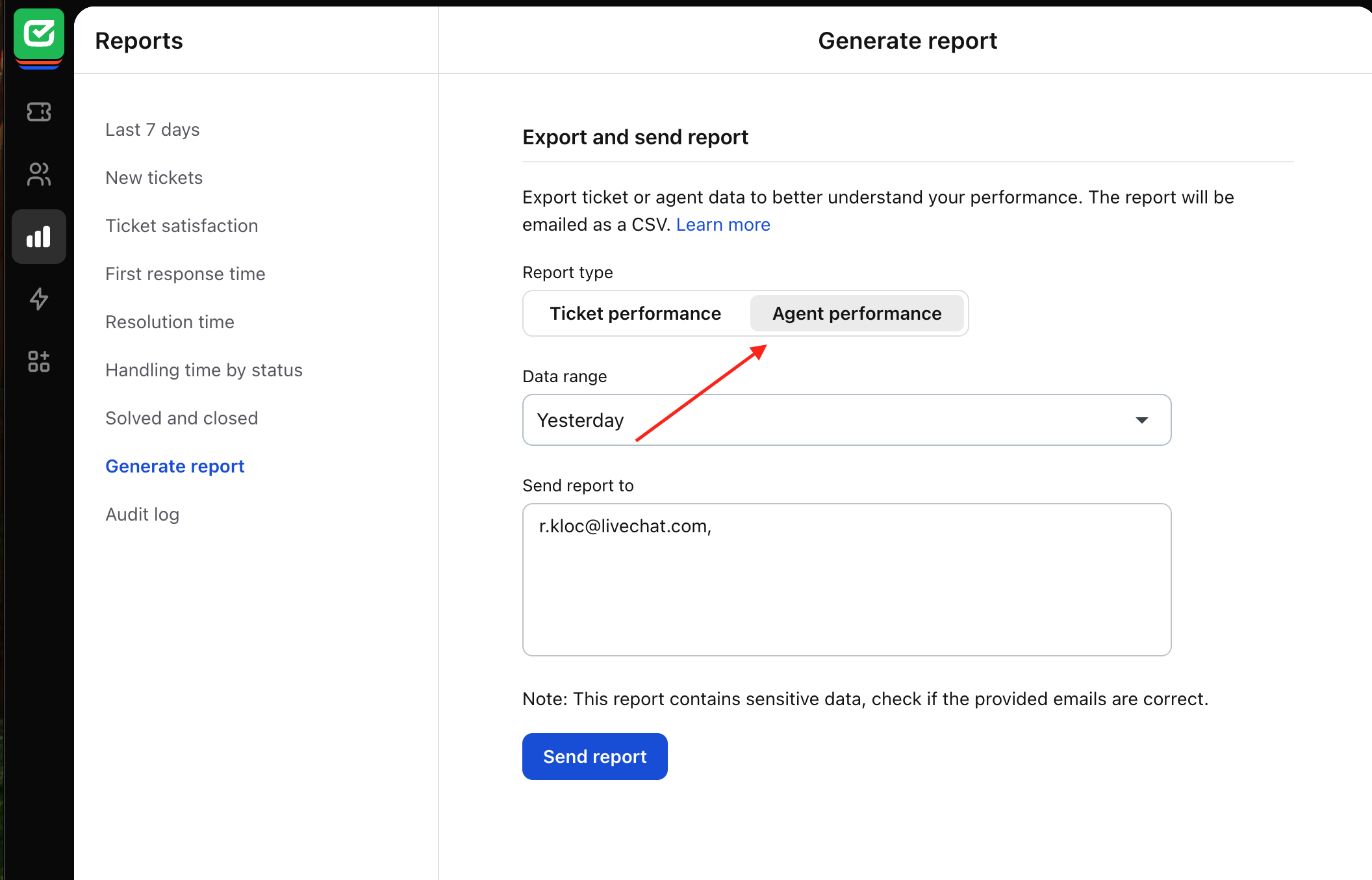 Agent performance report in HelpDesk.
